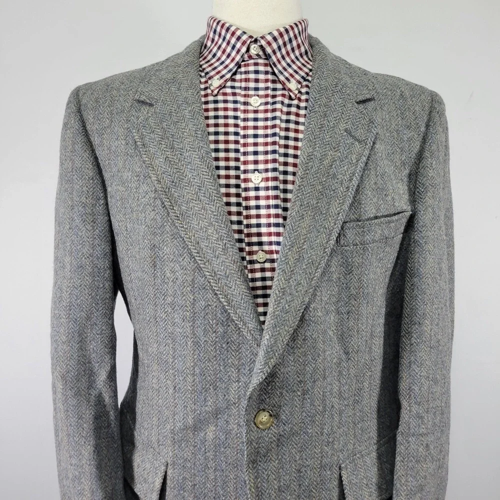 Men's‎ Tweed Style Sport Coat Blazer Two Button Gray Herringbone Wool About 42R